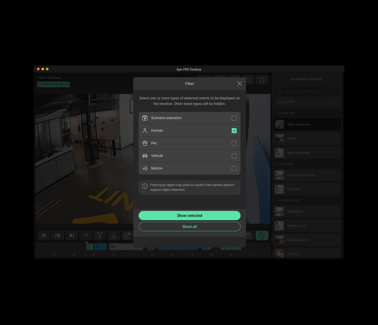Filters by motion, AI-powered object recognition, or scenario