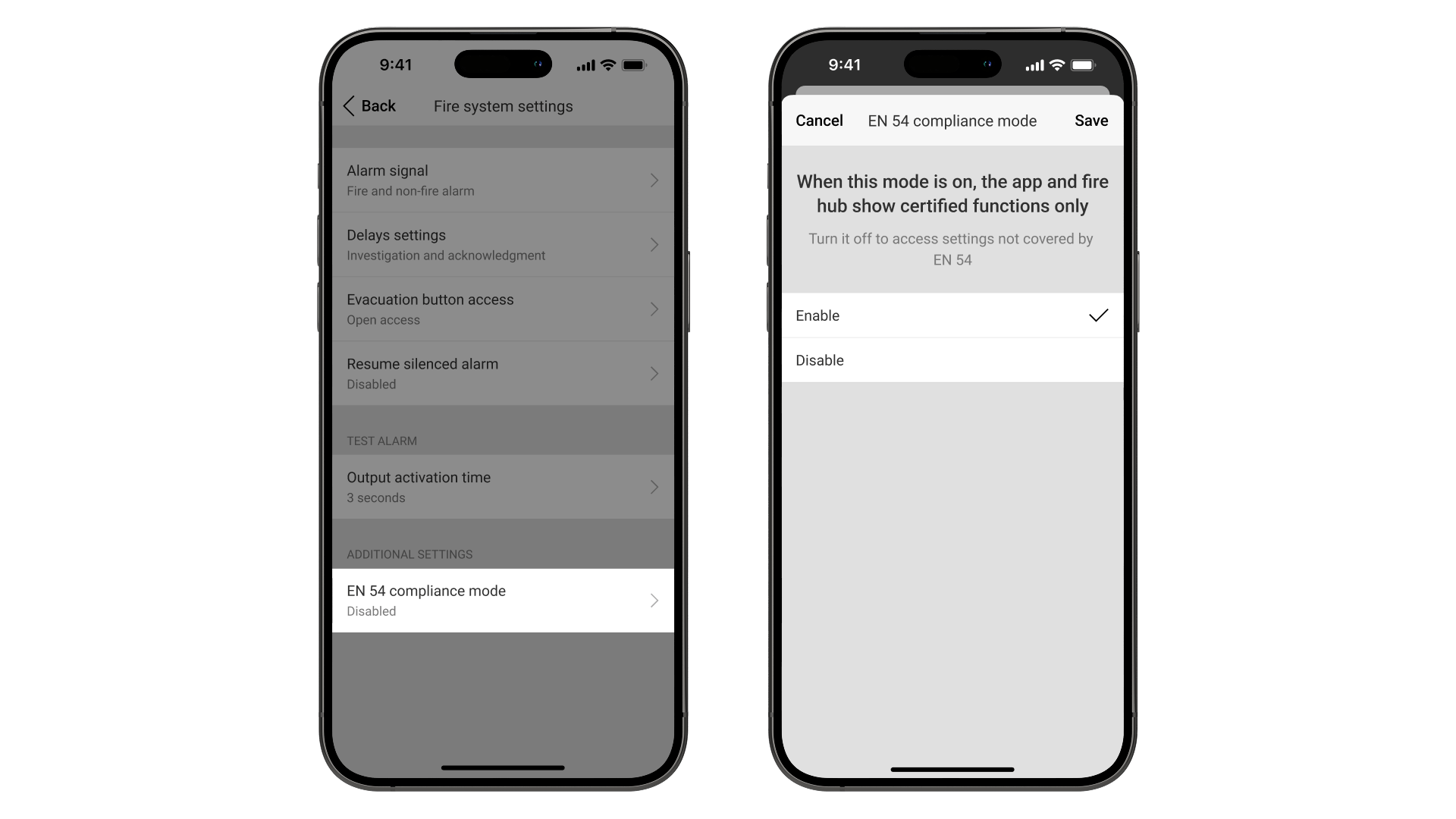 De EN 54-modus activeren.