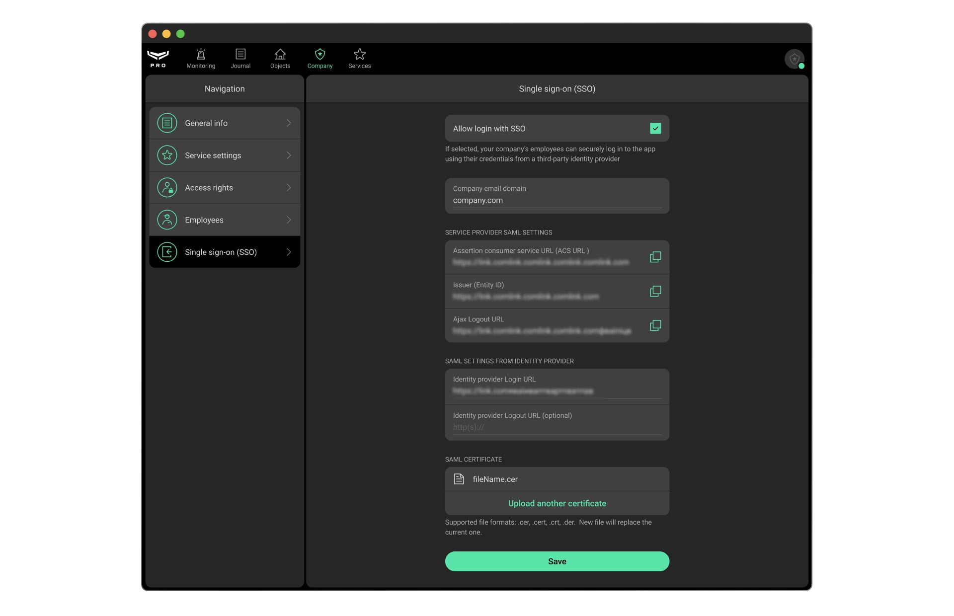 Configurazione della funzione SSO in Ajax PRO Desktop
